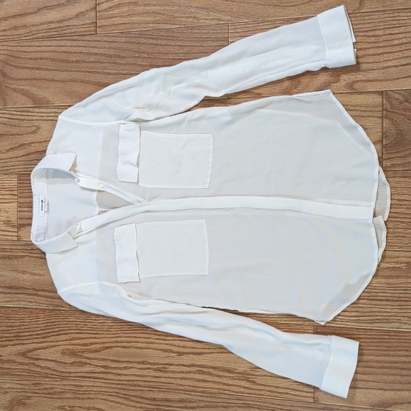 Helmut Lang white sheer gauze button-up crepe shirt, side slits, pockets, size S - Picture 1 of 7